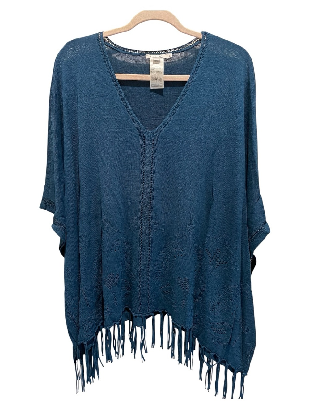 Chico's dark teal blue knit poncho top featuring a V-neckline. Size L/XL